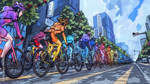 Rainbowoutfitted cyclists riding through a city, colorful, realistic, daylight, dynamic and detailed urban setting