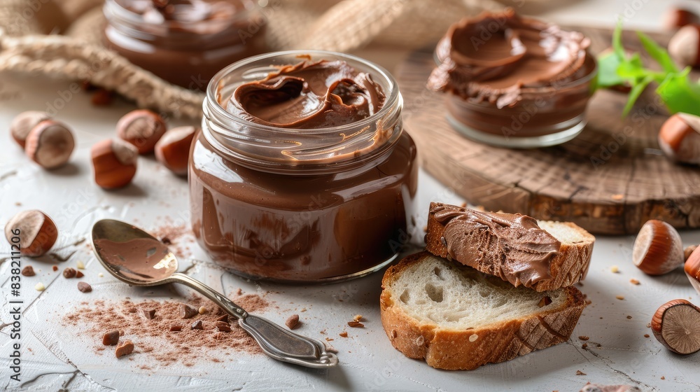 A jar of chocolate cream spread with hazelnuts on the table, a glass jar and spoon nearby, a bread slice covered in the product, against a light background, A jar of chocolate cream spread with hazelnuts on the table, a glass jar and spoon nearby, a bread slice covered in the product, against a light background,