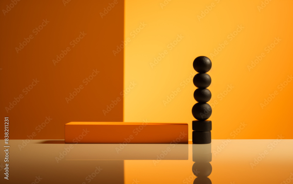 A stack of black balls sits on a table next to an orange box A stack of black balls sits on a table next to an orange box
