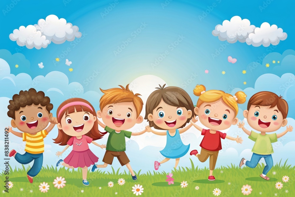 Realistic and cute cartoon characters of happy children playing and having fun, children, kids, cartoon, characters, happy, joyful, playful, playing, fun, cute, realistic, diversity, friends