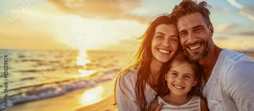 happy family with a small child stands against the background of the sea © Валерія Дємідова