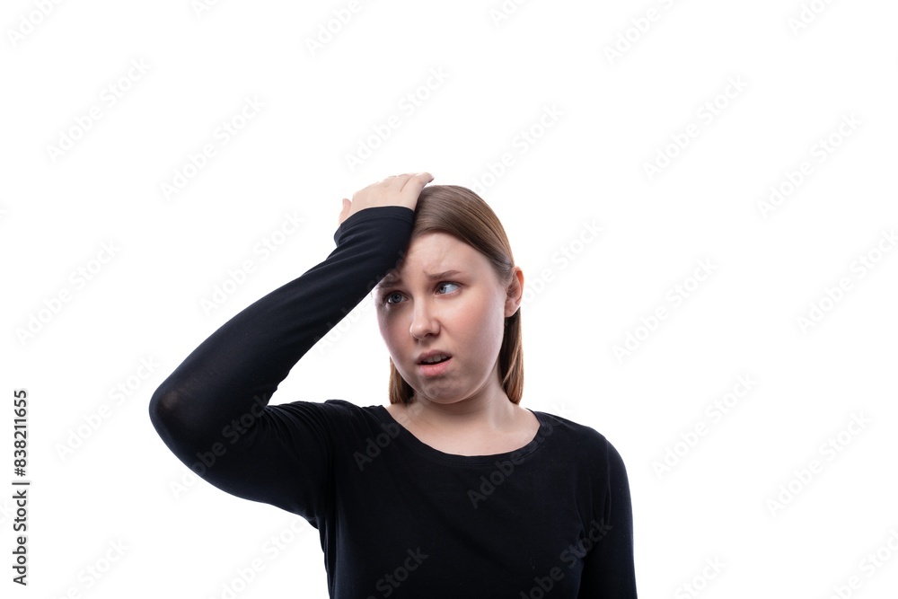 Portrait of an excited schoolgirl with brown hair on a white background Portrait of an excited schoolgirl with brown hair on a white background