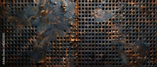 Rusty, perforated metal grid, steampunk aesthetic, dark and warm tones, high detail, industrial texture