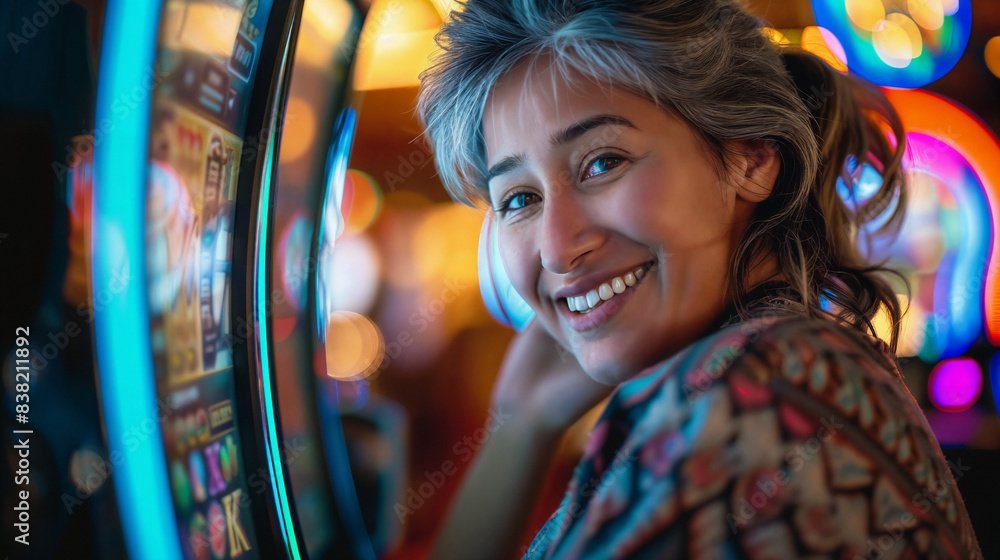 Smiling woman at a slot machine in a casino Smiling woman at a slot machine in a casino