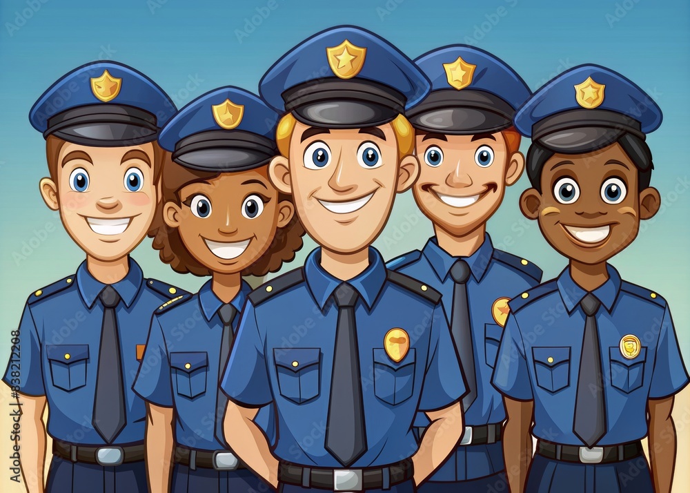 Diverse cartoon police officers smiling in uniform group portrait ...