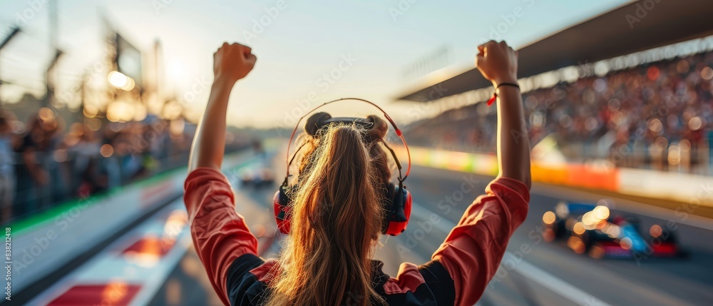 A woman celebrates with raised arms at a racing event, wearing headphones, with a fast-moving car on the track and filled grandstands in the background. A woman celebrates with raised arms at a racing event, wearing headphones, with a fast-moving car on the track and filled grandstands in the background.