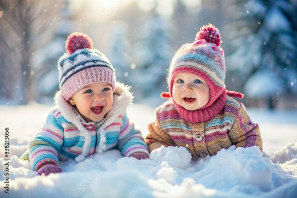 Adorable pair of babies playing in the snow , babies, twins, cute, winter, snow, playing, joyful, happiness, outdoors, cold, siblings, family, hats, mittens, snowflake, laughter, fun, innocence