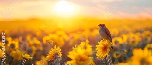 A small bird perched on a sunflower in a vibrant field during sunset, creating a picturesque and serene nature scene.