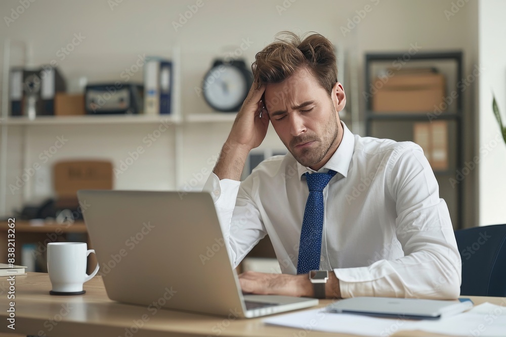 Stressed businessman with hand on head at desk, working on laptop. Office environment with documents and coffee cup, concept of work pressure. Stressed businessman with hand on head at desk, working on laptop. Office environment with documents and coffee cup, concept of work pressure.