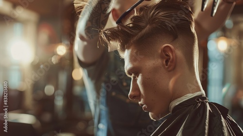 Man with a modern undercut hairstyle getting a trim at a chic barbershop, emphasizing the barber's technique and tools