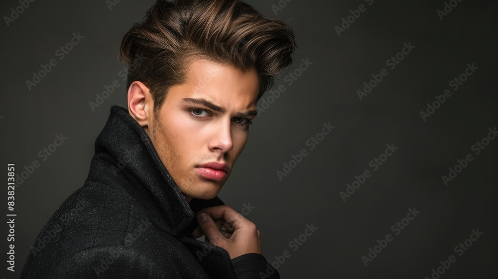 Man with a stylish pompadour hairstyle posing confidently, highlighting the classic yet modern appeal of the look Man with a stylish pompadour hairstyle posing confidently, highlighting the classic yet modern appeal of the look