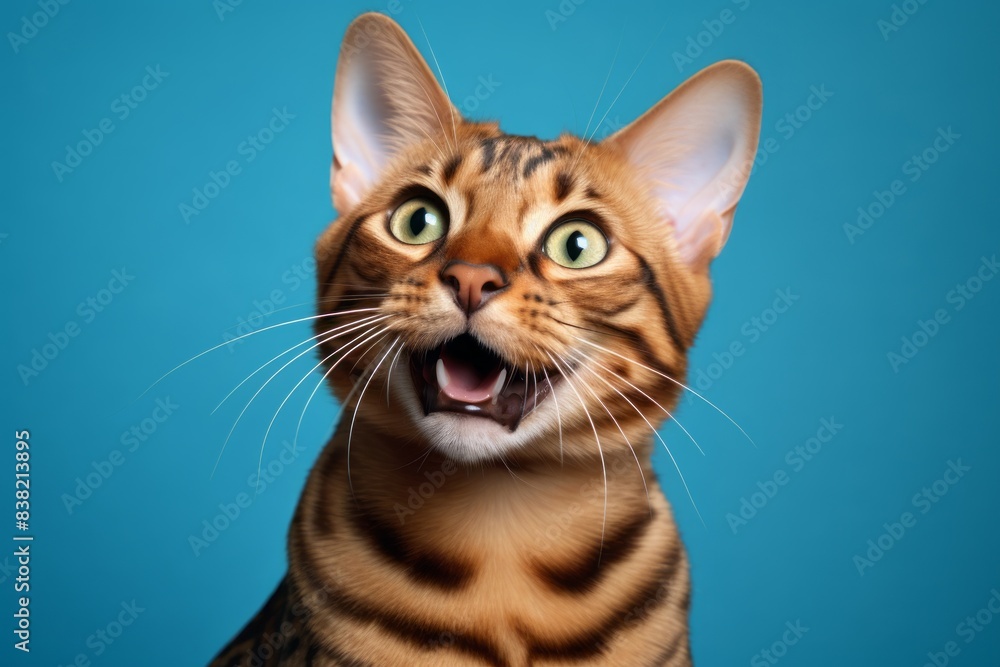 Portrait of a smiling bengal cat on solid color backdrop Portrait of a smiling bengal cat on solid color backdrop
