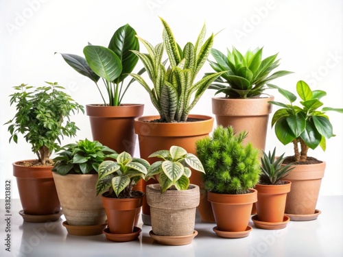 Collection of various potted plants in a stunning arrangement isolated on a clear background  potted plants  gorgeous  generative AI  isolated  clear background  vibrant  leaves