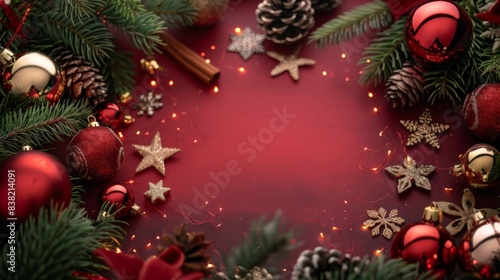 Christmas and new year holidays concept. Red balls on fir branches  winter snowy backdrop.