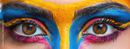 Panoramic woman with colorful makeup on her face, including blue, yellow and orange. The eyes are brown and the makeup is very daring and artistic. Ai generated.