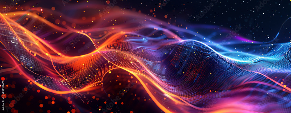 Abstract background with colorful wavy lines and glowing dots on dark blue, orange and red colors. Concept of sound waves, music or audio waves in digital space in the style of digital art Abstract background with colorful wavy lines and glowing dots on dark blue, orange and red colors. Concept of sound waves, music or audio waves in digital space in the style of digital art