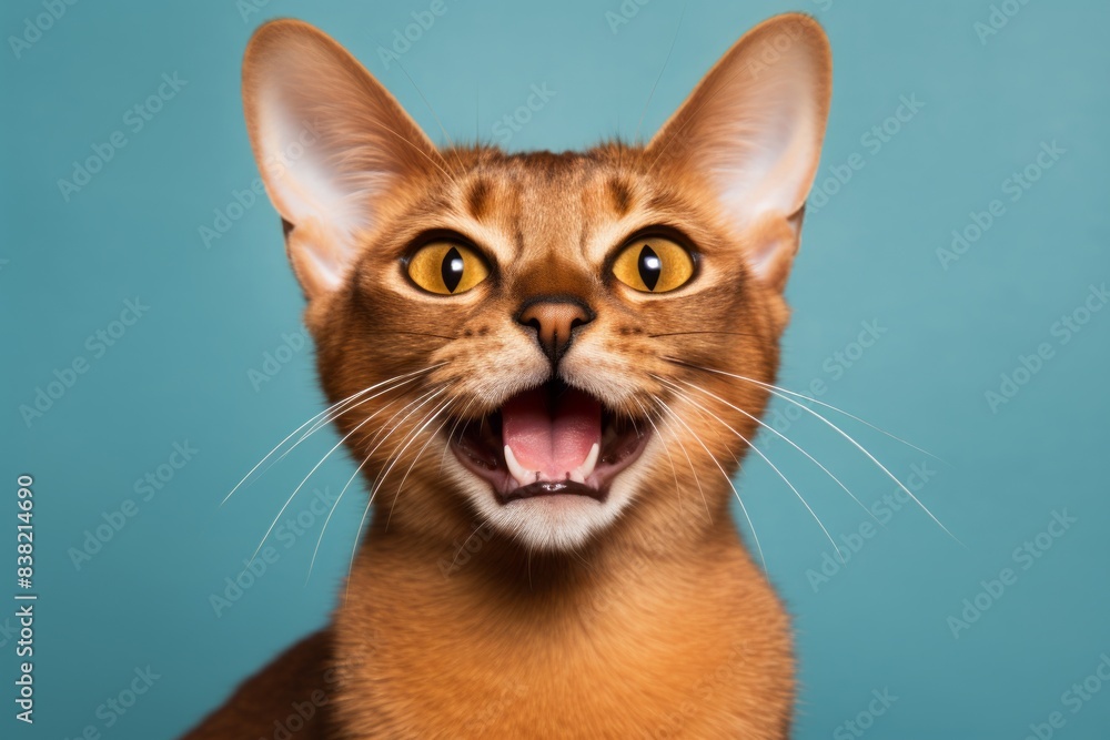 Portrait of a happy abyssinian cat isolated on solid color backdrop