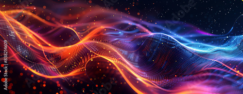 Abstract background with colorful wavy lines and glowing dots on dark blue, orange and red colors. Concept of sound waves, music or audio waves in digital space in the style of digital art