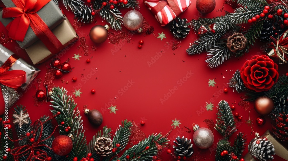 Christmas and new year holidays concept. Red balls on fir branches, winter snowy backdrop. Christmas and new year holidays concept. Red balls on fir branches, winter snowy backdrop.