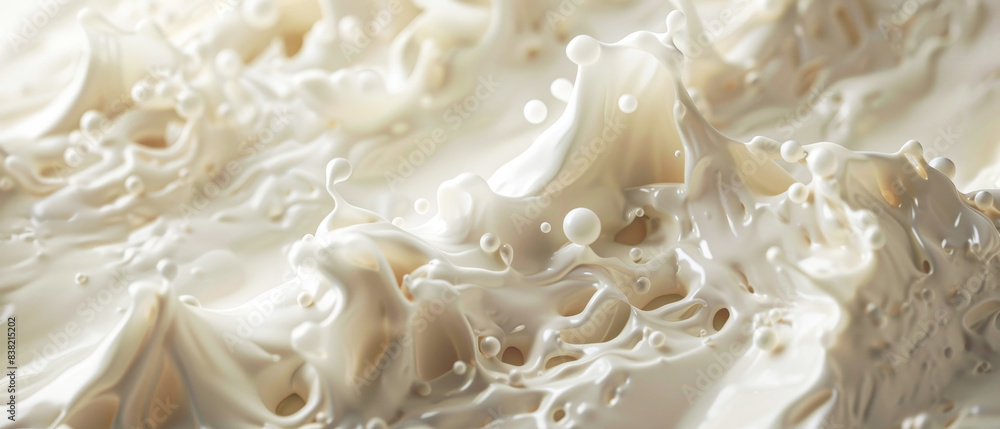 Close-up of white liquid splashes and waves creating an abstract pattern, representing freshness and purity in a dynamic form. Close-up of white liquid splashes and waves creating an abstract pattern, representing freshness and purity in a dynamic form.