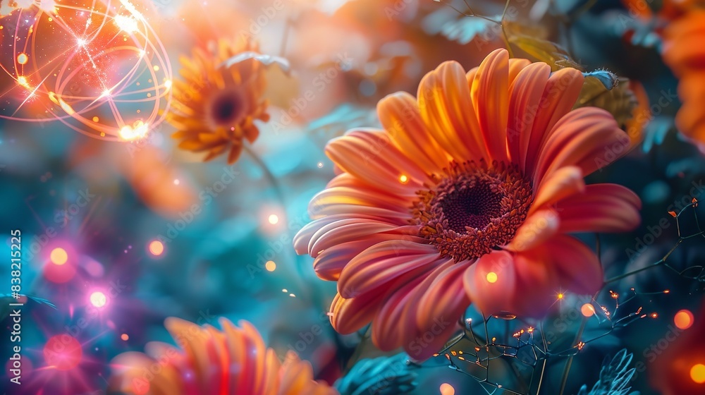 Fototapeta premium A vivid image blending vibrant flowers with a swirling cloud of protons and electrons, creating a harmony between the beauty of nature and the dynamic energy of atomic particles. shiny, Minimal and