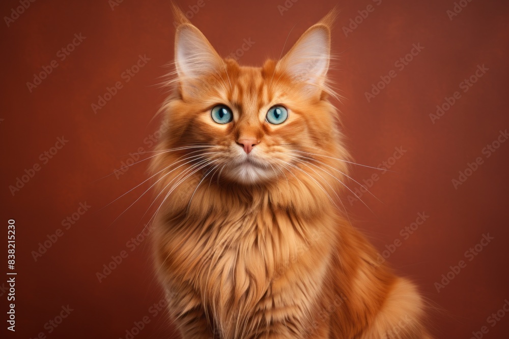 Portrait of a smiling somali cat in front of solid color backdrop