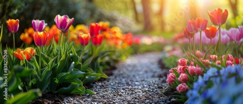 Fototapeta Naklejka Na Ścianę i Meble -  Beautiful garden with blooming tulips and vibrant flowers, sunlit background