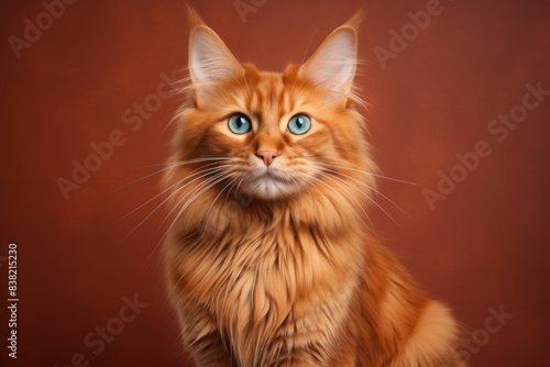 Portrait of a smiling somali cat in front of solid color backdrop