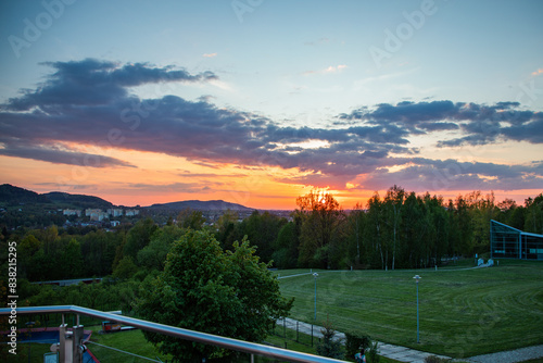 Fototapeta Naklejka Na Ścianę i Meble -  Sunset in the Beskids seen from the terrace of the Diament Hotel in Ustroń, Beskidy