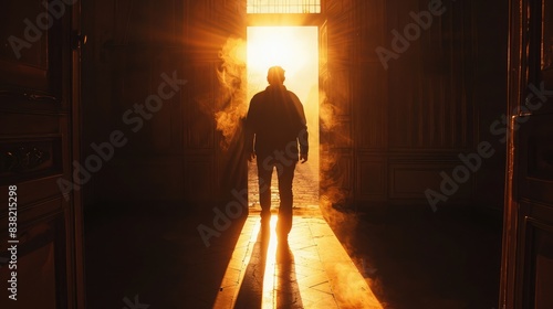 Person stepping out from a dark room into bright sunlight through an open door  symbolizing hope and new beginnings