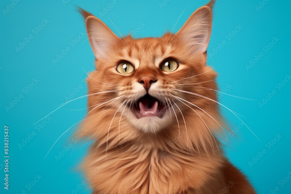 Portrait of a smiling somali cat isolated in solid color backdrop Portrait of a smiling somali cat isolated in solid color backdrop