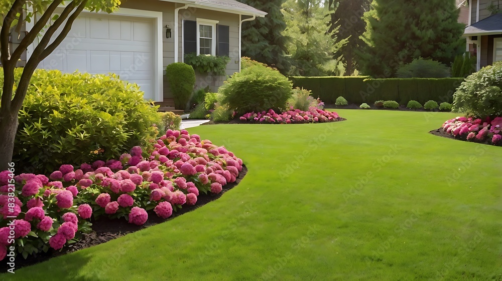 Beautifully manicured lawn and vibrant flowerbed with lush shrubs Beautifully manicured lawn and vibrant flowerbed with lush shrubs