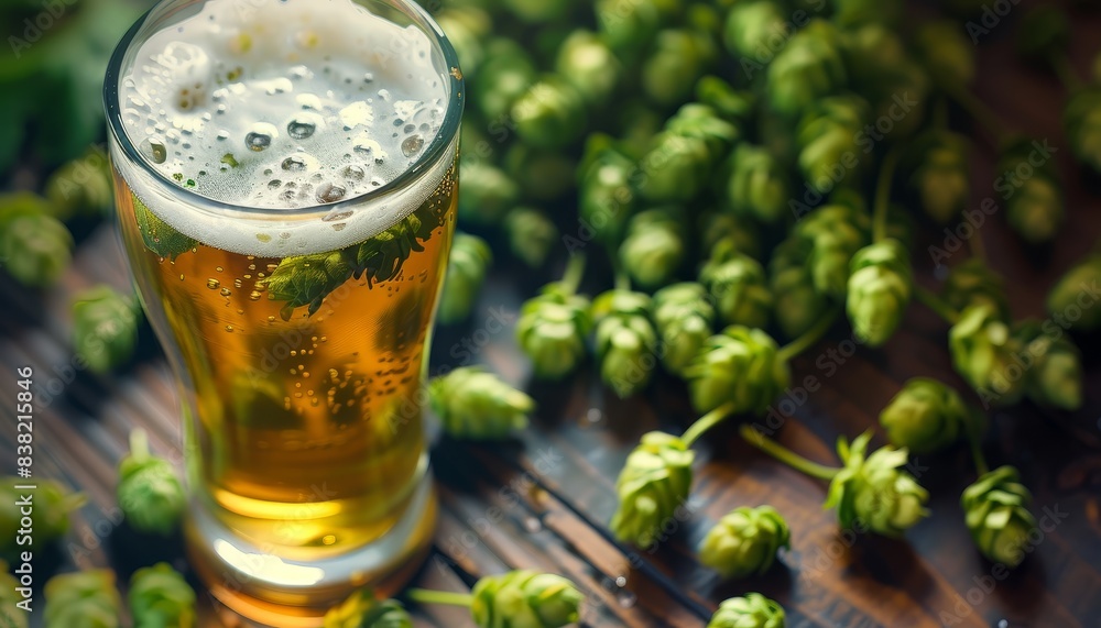 Craft Beer Delight: Freshly Poured Glass of Beer Amidst Aromatic Hops on a Wooden Table Craft Beer Delight: Freshly Poured Glass of Beer Amidst Aromatic Hops on a Wooden Table