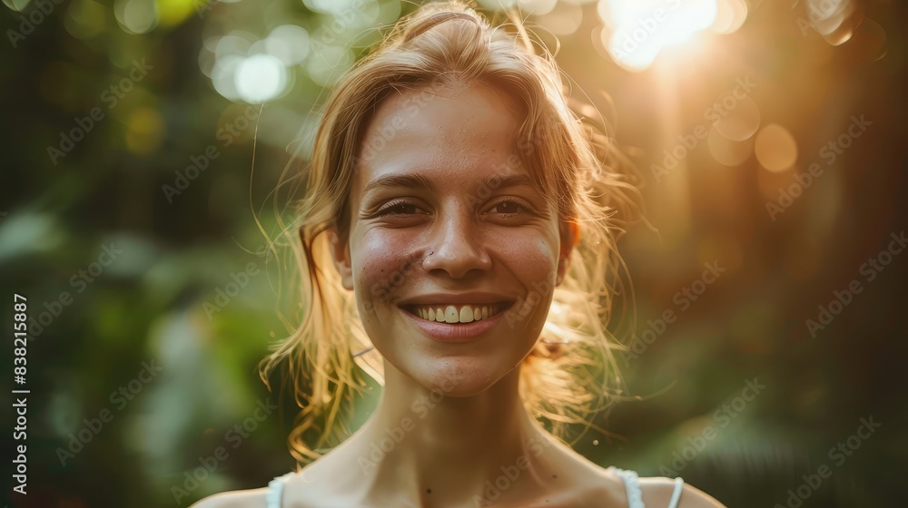 Portrait of a woman with a confident smile, her face illuminated by soft natural light, exuding positivity and charm Portrait of a woman with a confident smile, her face illuminated by soft natural light, exuding positivity and charm