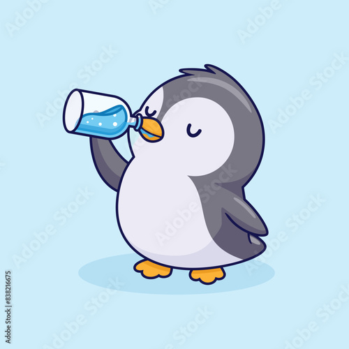 cute penguin drinking from a bottle
