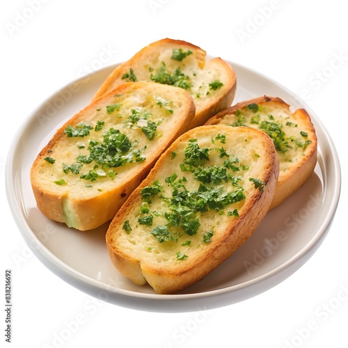 Garlic bread in white plate isolated on white background.