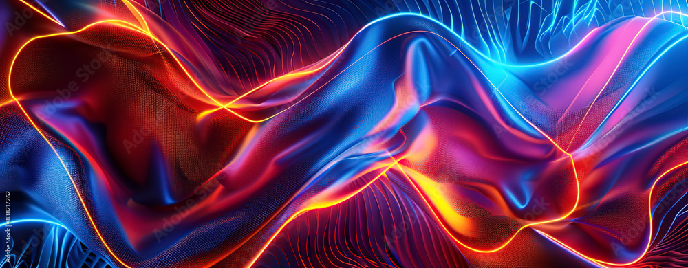Abstract background with colorful wavy lines and glowing dots on dark blue, orange and red colors. Concept of sound waves, music or audio waves in digital space in the style of digital art Abstract background with colorful wavy lines and glowing dots on dark blue, orange and red colors. Concept of sound waves, music or audio waves in digital space in the style of digital art