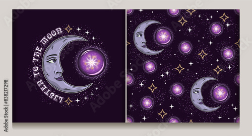 Seamless celestial pattern, label with crescent moon with face, magic fortune ball, shimmering stars on night sky, text. Mysterious magic insight concept. Astrological illustration in vintage style