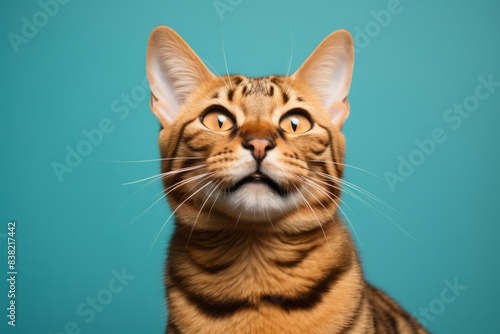 Portrait of a happy serengeti cat in solid color backdrop