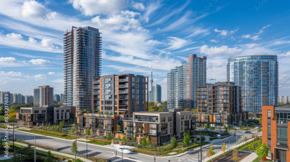 Urban development project featuring mixed-use buildings, showcasing integrated residential, commercial, and recreational spaces in a vibrant cityscape, emphasizing community and modern living. Urban development project featuring mixed-use buildings, showcasing integrated residential, commercial, and recreational spaces in a vibrant cityscape, emphasizing community and modern living.