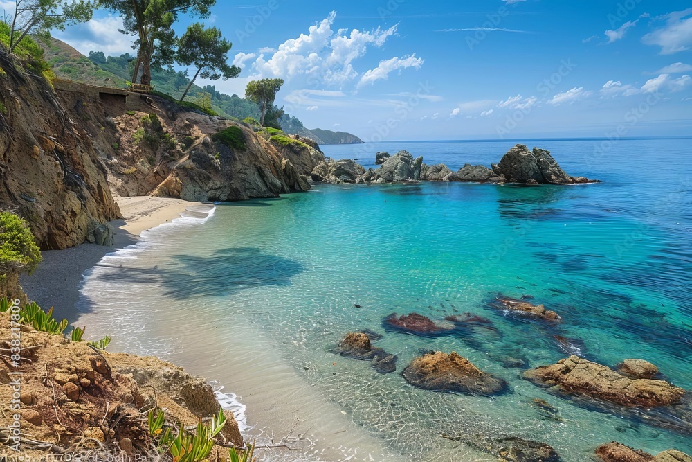 Fototapeta premium Scenic coastal cove with clear turquoise water, rocky cliffs, and lush greenery under a bright blue sky on a sunny day.