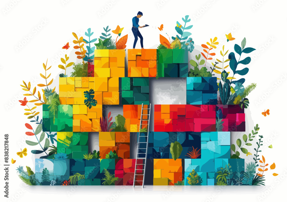 Naklejka premium Strategic Project Planning and Teamwork Concept with Colorful Building Blocks and Nature Elements Minimalistic Vector Illustration