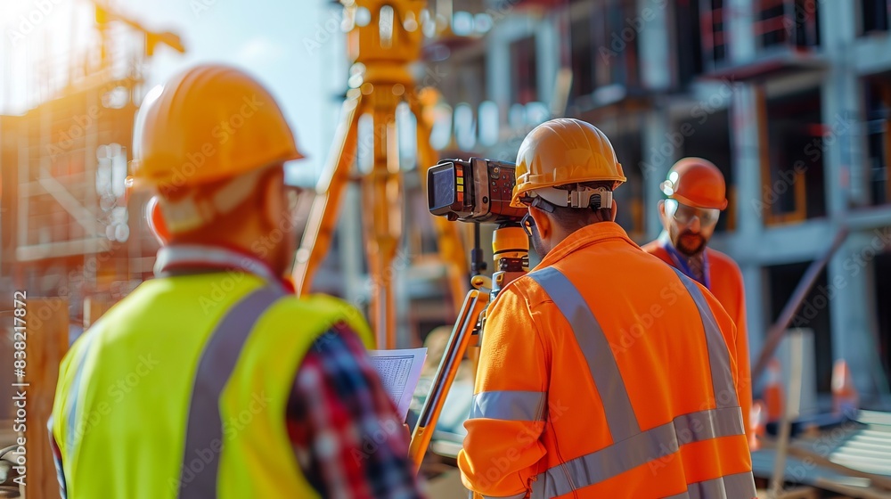 Construction Workers Surveying a Building Site in Bright Daylight Construction Workers Surveying a Building Site in Bright Daylight
