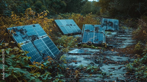 Damaged solar panels in nature, showcasing end of life waste issues photo