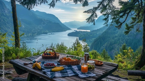Fototapeta Naklejka Na Ścianę i Meble -  Scenic picnic setting overlooking a lake and mountains, with a table of fruits, bread, and juice.