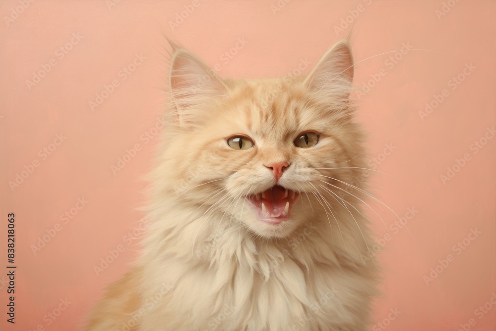 Portrait of a smiling australian mist cat while standing against solid color backdrop
