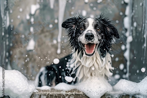 Happy and playful cute dog playing in a foam bath with foam on his face  photography style