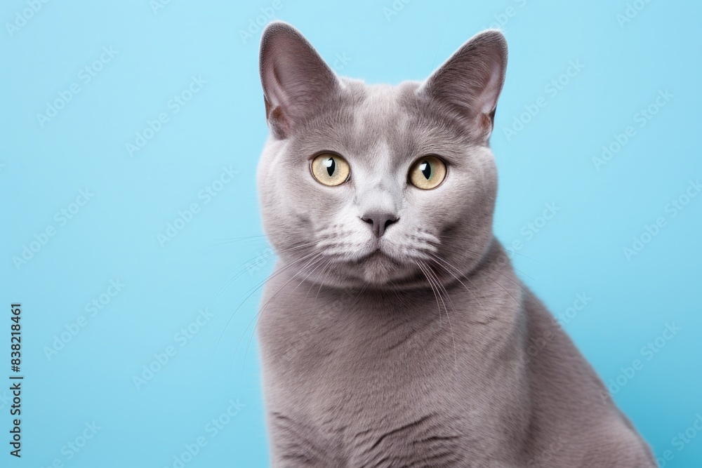 Portrait of a happy russian blue cat on solid pastel color wall Portrait of a happy russian blue cat on solid pastel color wall