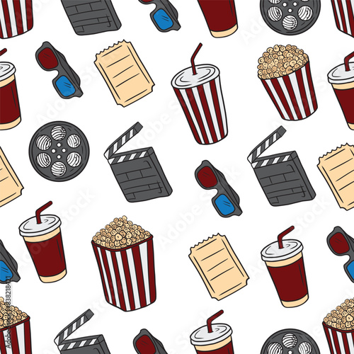Seamless pattern with colored cinema equipment - 3d glass, tickets, camera, film roller, clapboard, glass with soda drink and popcorn bucket isolated on white background. Packaging, wrapping paper