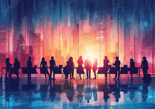 Diverse Business Group Team Meeting in Modern Office at Sunrise Silhouette Vector Illustration